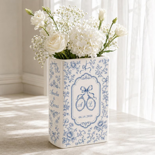 Custom Couple Monogram Initials Name Blue Floral Coquette Ceramic Book Vase, Custom Wedding Engagement Anniversary Book Vase WD0554