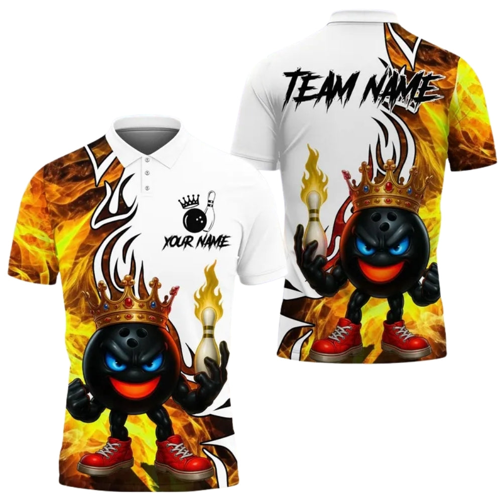 Custom King Flame Ball Bowling Men's Polo Shirt, Custom Flame Bowling Shirts For Team BE0128