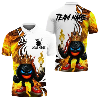 Custom King Flame Ball Bowling Men's Polo Shirt, Custom Flame Bowling Shirts For Team BE0128