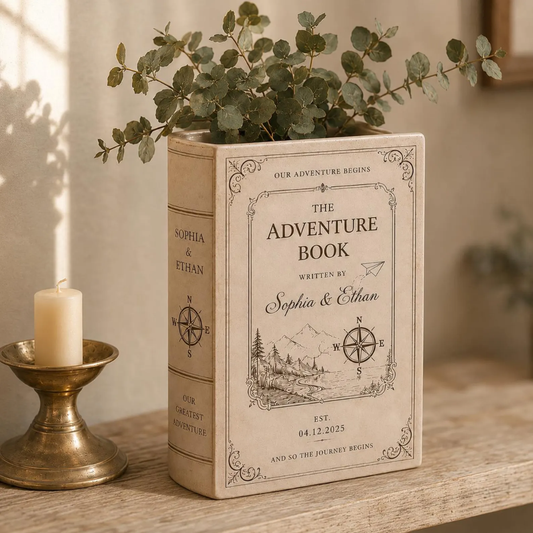 Custom Our Adventure Begins Wedding Ceramic Book Vase, Custom Adventure Book Vase For Wedding Engagement WD0566