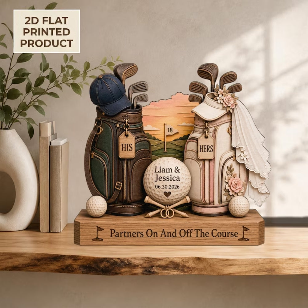 Custom Golf Couple Wedding Wooden Block Partners On And Off The Course, Custom Golf Wedding Keepsake Plaque WD0786