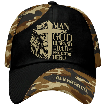 Man Of God Husband Dad Protector Here Custom Lion Cross Camo Baseball Cap, Personalized Lion Christian Hat For Husband Dad CP0595