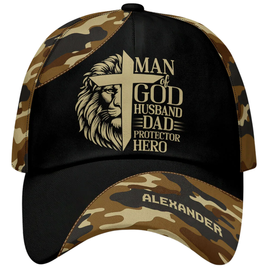 Man Of God Husband Dad Protector Here Custom Lion Cross Camo Baseball Cap, Personalized Lion Christian Hat For Husband Dad CP0595