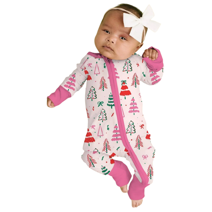 Christmas Tree Pink Baby Girl Convertible Zippy Romper, Christmas Baby Romper Convertible BB0915
