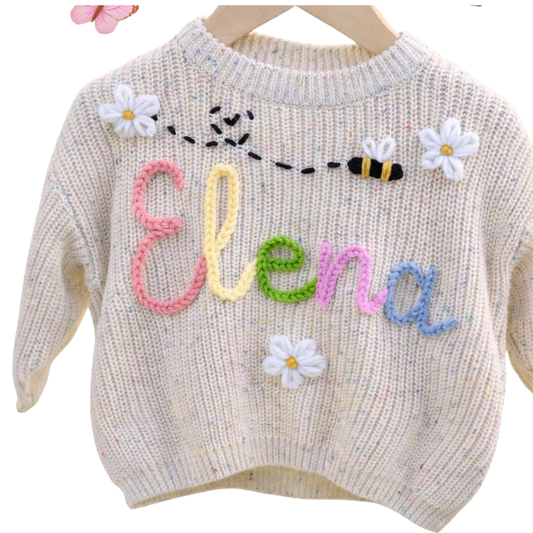 Custom Floral Bee Baby Embroidered Knit Sweater, Custom Bee Baby Sweatshirt BB0799