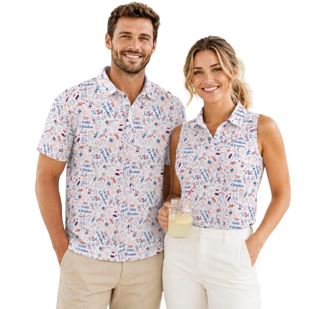 Matching White Red Blue USA 250 Years Of Freedom Couple Golf Polo Shirt, 4th Of July Matching Golf Shirt For Men And Women GE0519