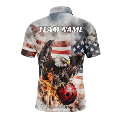 Eagle Flaming Ball Custom American Flag Bowling Mens Polo Shirt, Custom Patriotic Eagle Bowling Team Shirts BZ0489
