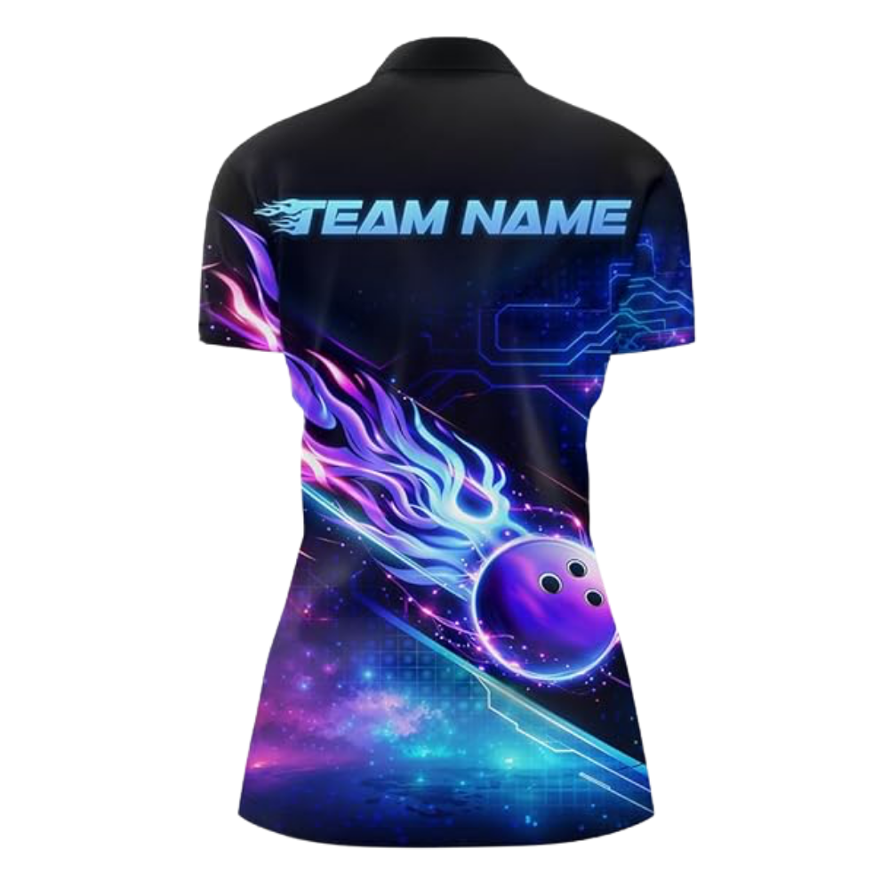 Custom Neon Purple Flame Women's Bowling Jersey, Custom Flame Ladies Bowling Shirts BZ0537