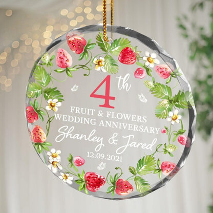 Personalized 4th Wedding Anniversary Fruit And Flowers Glass Ornament, Personalized 4 Year Anniversary Ornament WD0017