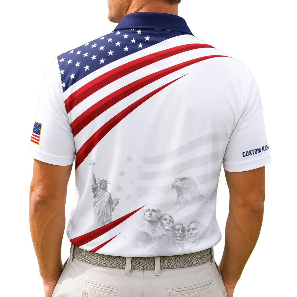 Custom USA Flag Golf Polo Shirt For Men, Custom Fourth Of July Patriotic Golf Shirts GE0531
