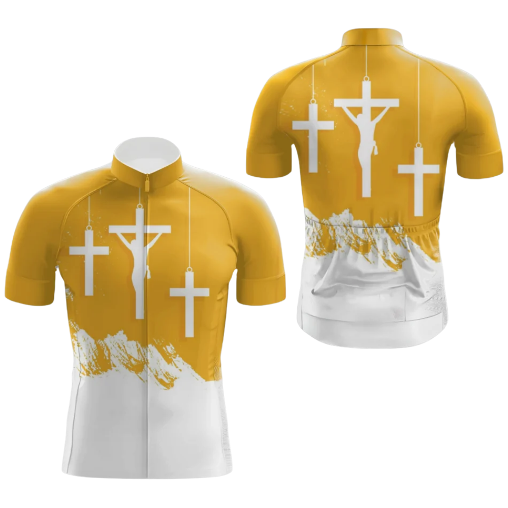 Christian Yellow And White Cycling Short Sleeve Jersey For Men, Christian Cycling Jersey CG0870