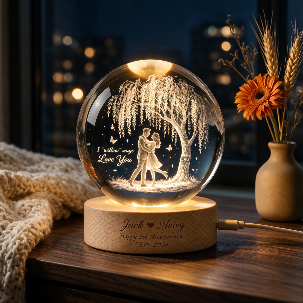I Willow Ways Love You Custom 5th Wedding Anniversary Crystal Ball Led Night Light, Custom 5 Years Wedding Keepsake Night Light WD0899