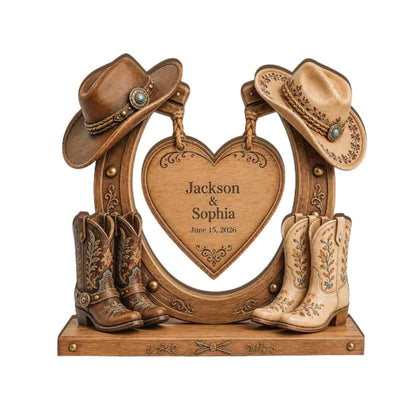 Custom Cowboy Couple Horseshoe Layer Wooden Plaque, Personalized Western Wedding Wooden Block WD0950