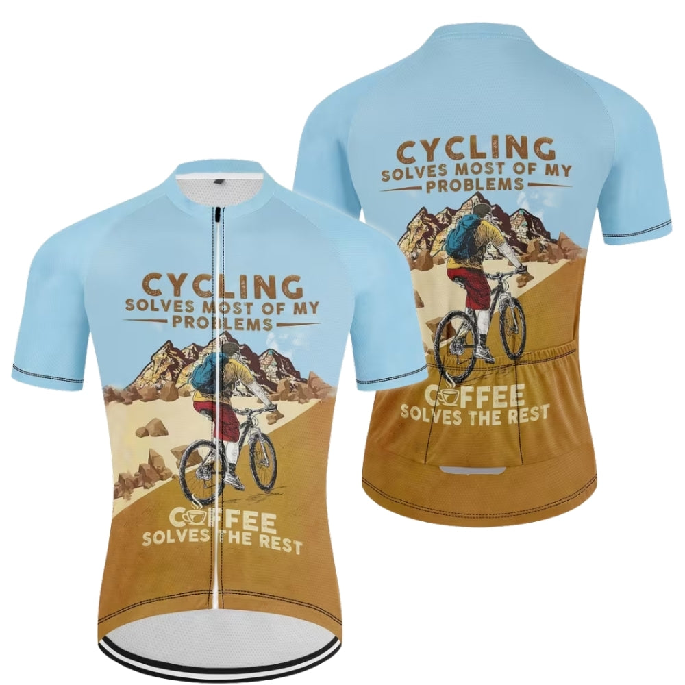 Cycling Solves Most Of My Problems Coffee Solves The Rest Men's Short Sleeve Cycling Jersey, Funny Coffee Cycling Jerseys For Mens CZ0083
