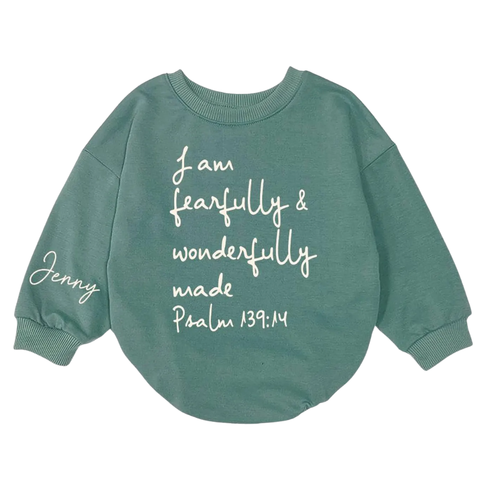 I Am Fearfully and Wonderfully Made Custom Name Baby Romper Sweatshirt, Custom Christian Bible Verse Baby Romper Sweatshirt BB0149