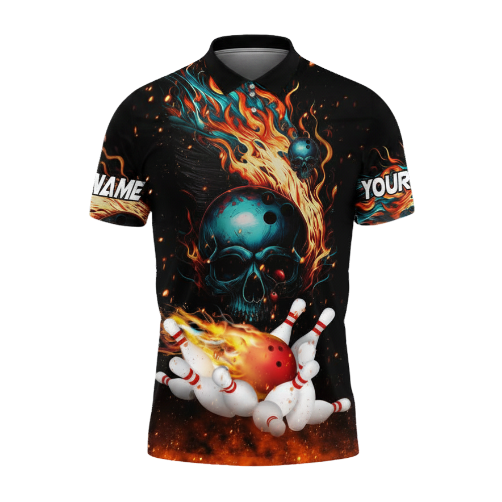 Custom Flaming Skull Bowling Polo Shirt For Men, Custom Skull Flame Bowling Team Shirts BZ0465