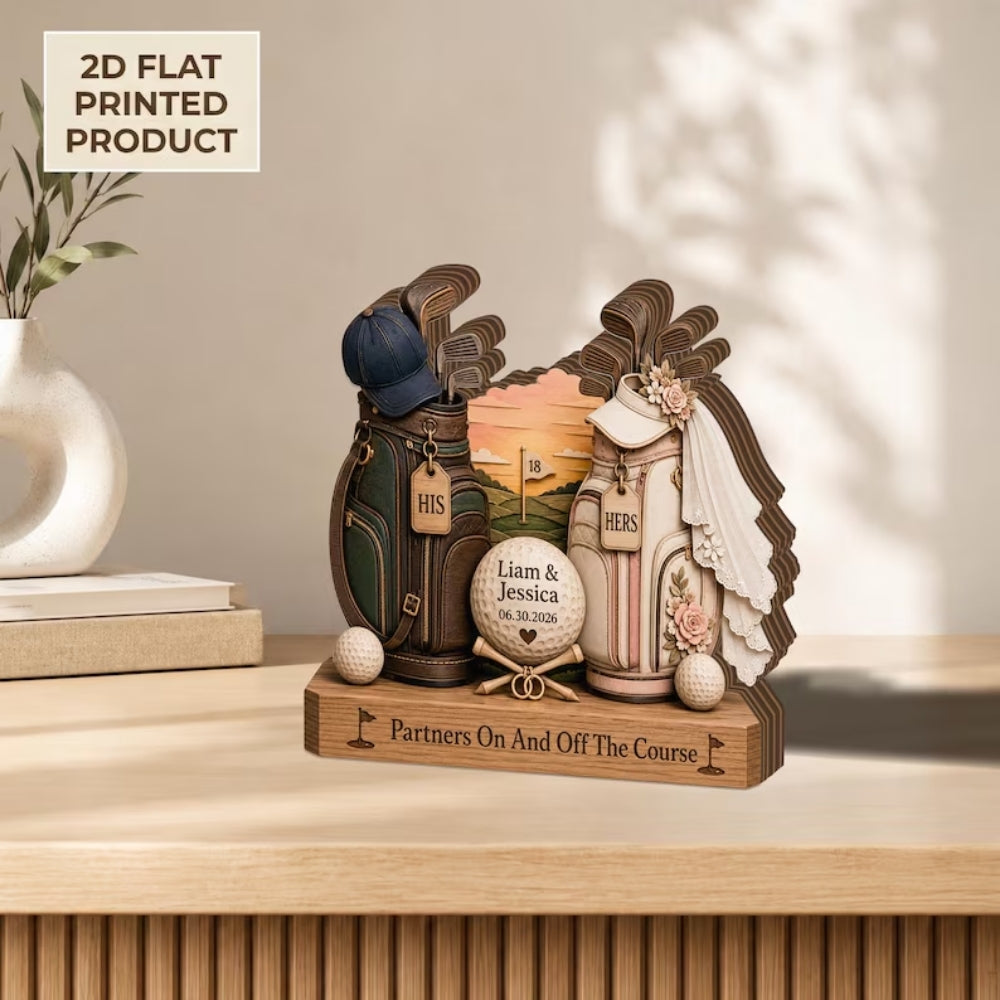Custom Golf Couple Wedding Wooden Block Partners On And Off The Course, Custom Golf Wedding Keepsake Plaque WD0786