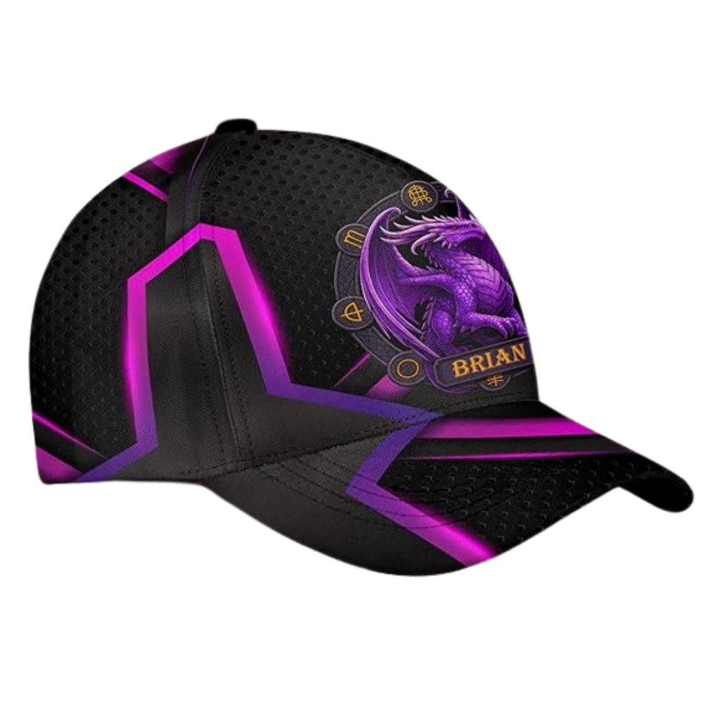 Personalized Dragon Black Purple Baseball Cap, Custom Dragon 3D Printed Hat With Name CP0470
