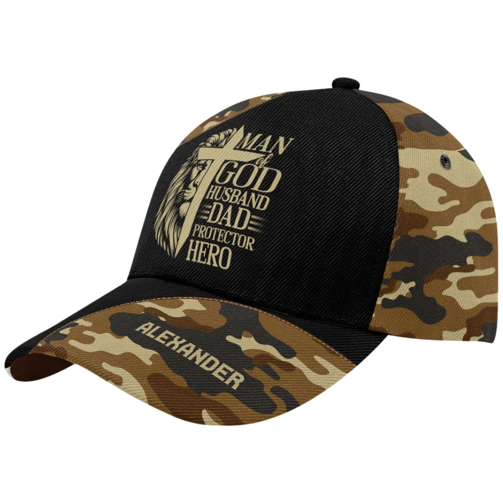 Man Of God Husband Dad Protector Here Custom Lion Cross Camo Baseball Cap, Personalized Lion Christian Hat For Husband Dad CP0595