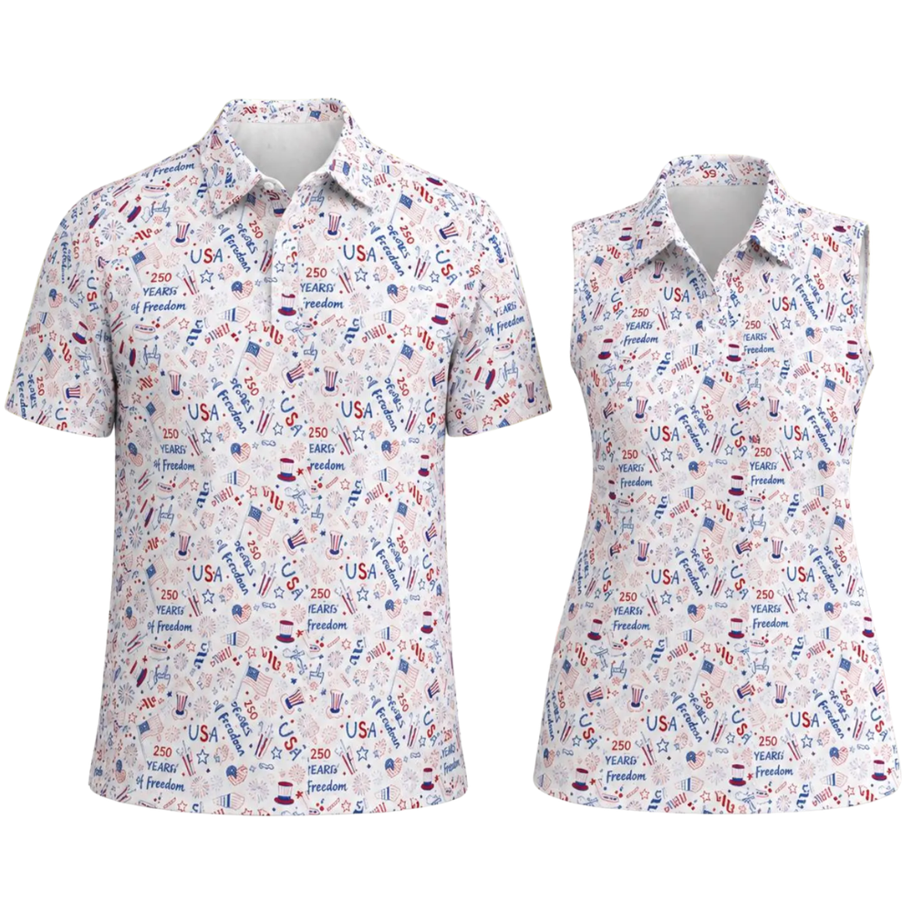 Matching White Red Blue USA 250 Years Of Freedom Couple Golf Polo Shirt, 4th Of July Matching Golf Shirt For Men And Women GE0519