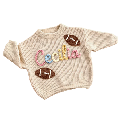Custom Name Football Baby Embroidered Knit Sweater, Personalized Baby Football Sweatshirt BB0800