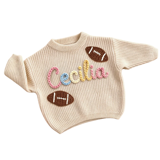 Custom Name Football Baby Embroidered Knit Sweater, Personalized Baby Football Sweatshirt BB0800