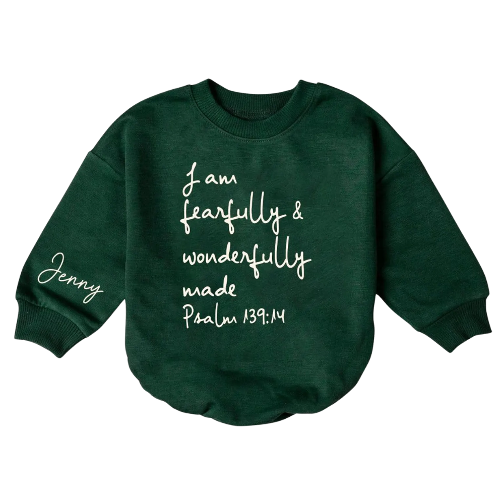 I Am Fearfully and Wonderfully Made Custom Name Baby Romper Sweatshirt, Custom Christian Bible Verse Baby Romper Sweatshirt BB0149