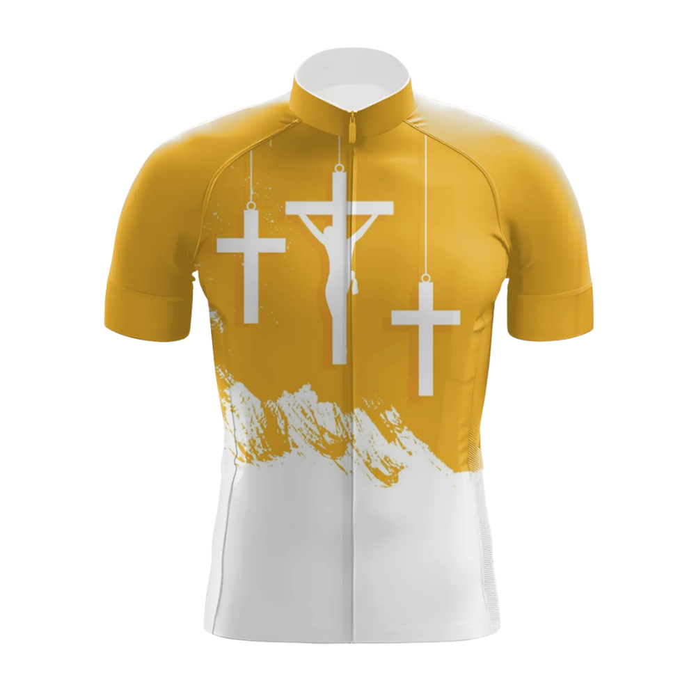 Christian Yellow And White Cycling Short Sleeve Jersey For Men, Christian Cycling Jersey CG0870