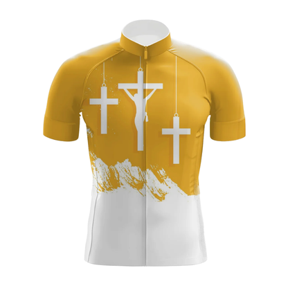 Christian Yellow And White Cycling Short Sleeve Jersey For Men, Christian Cycling Jersey CG0870