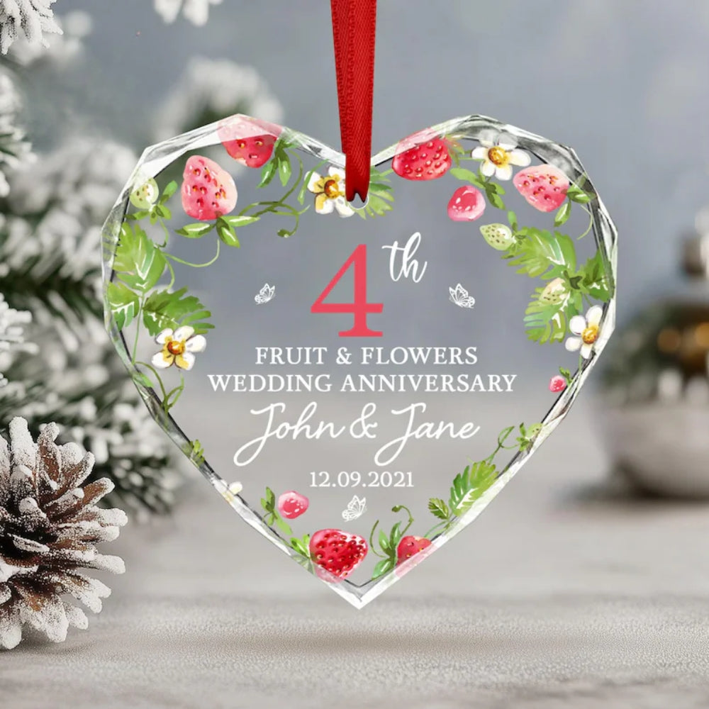 Personalized 4th Wedding Anniversary Fruit And Flowers Glass Ornament, Personalized 4 Year Anniversary Ornament WD0017