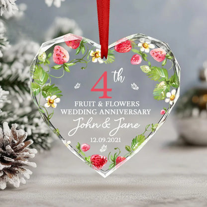 Personalized 4th Wedding Anniversary Fruit And Flowers Glass Ornament, Personalized 4 Year Anniversary Ornament WD0017