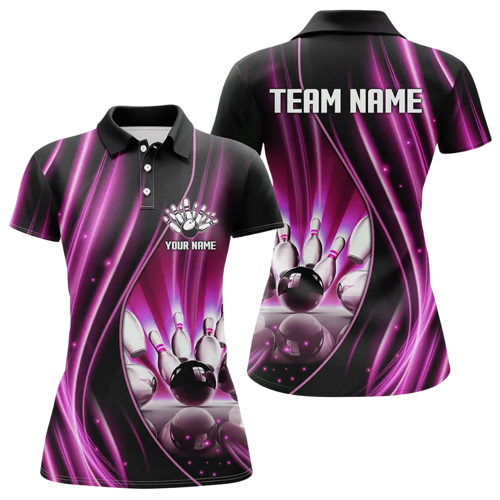 Custom Team Black And Pink Lightning Bowling Polo Shirt For Ladies, Custom Bowling Shirt For Women BZ0488