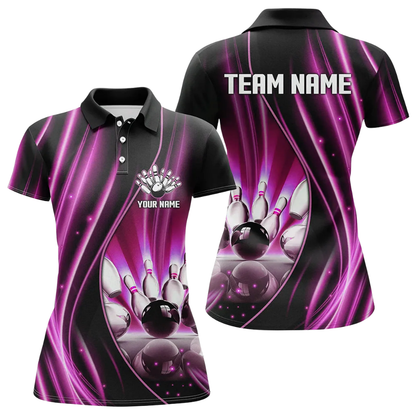 Custom Team Black And Pink Lightning Bowling Polo Shirt For Ladies, Custom Bowling Shirt For Women BZ0488