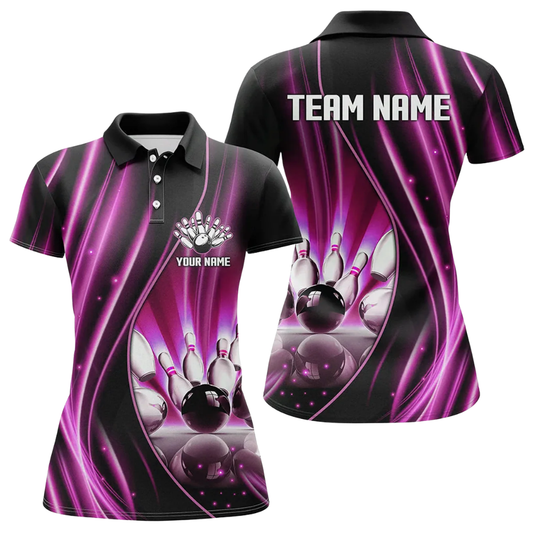 Custom Team Black And Pink Lightning Bowling Polo Shirt For Ladies, Custom Bowling Shirt For Women BZ0488