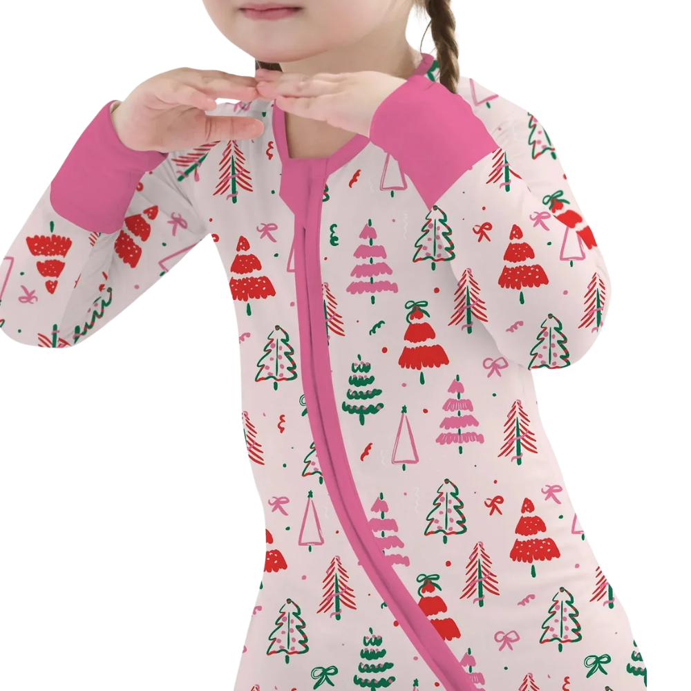 Christmas Tree Pink Baby Girl Convertible Zippy Romper, Christmas Baby Romper Convertible BB0915