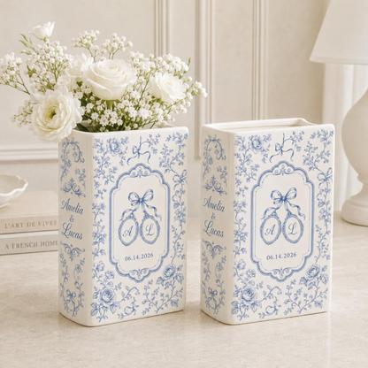 Custom Couple Monogram Initials Name Blue Floral Coquette Ceramic Book Vase, Custom Wedding Engagement Anniversary Book Vase WD0554