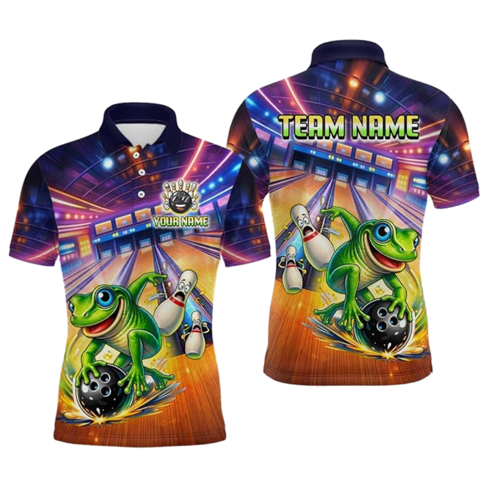 Funny Frog Custom Mens Bowling Polo Shirt, Custom Frog Team Bowling Shirts BZ0538