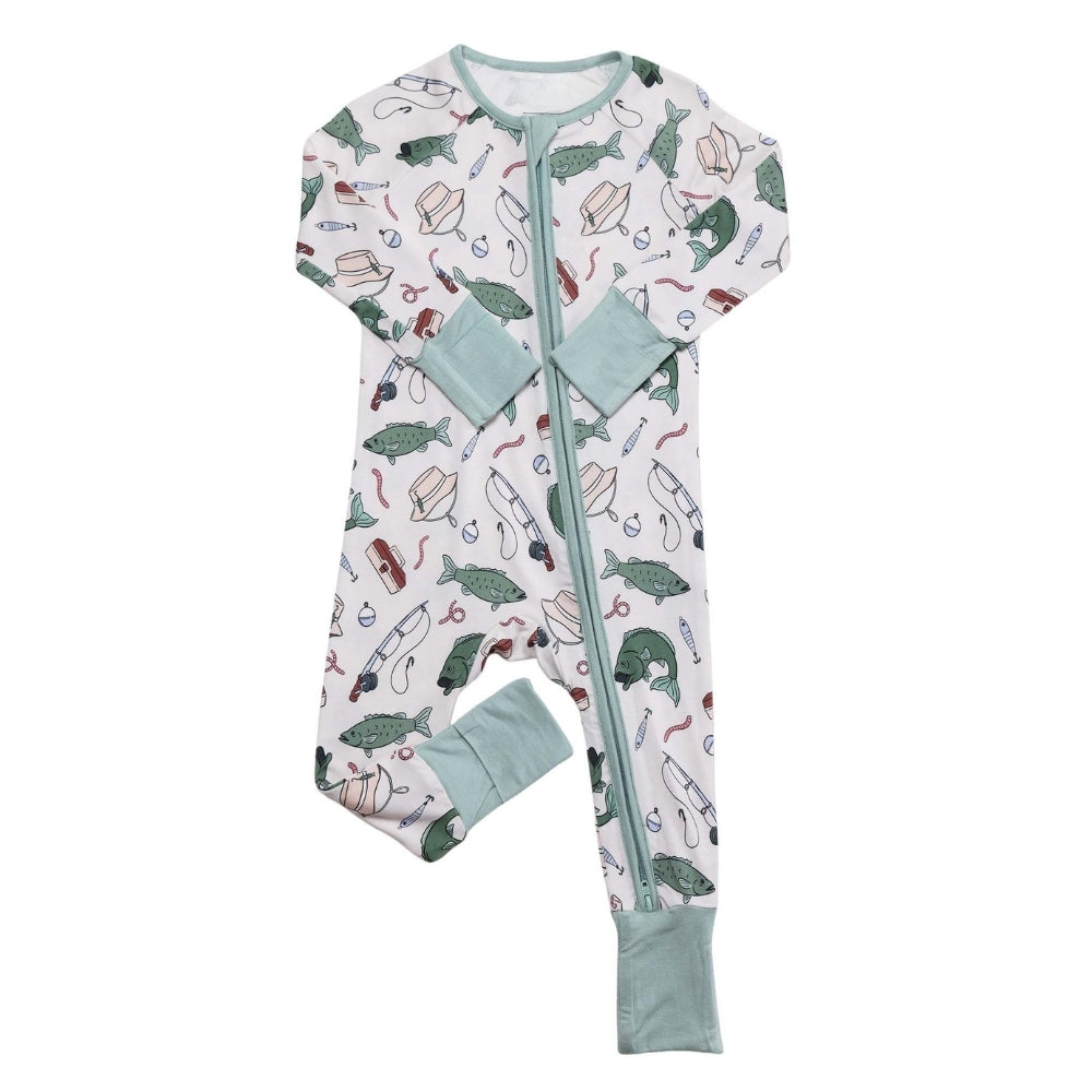 Fishing Green White Baby Convertible Zippy Romper, Fishing Baby Romper Convertible BB0671