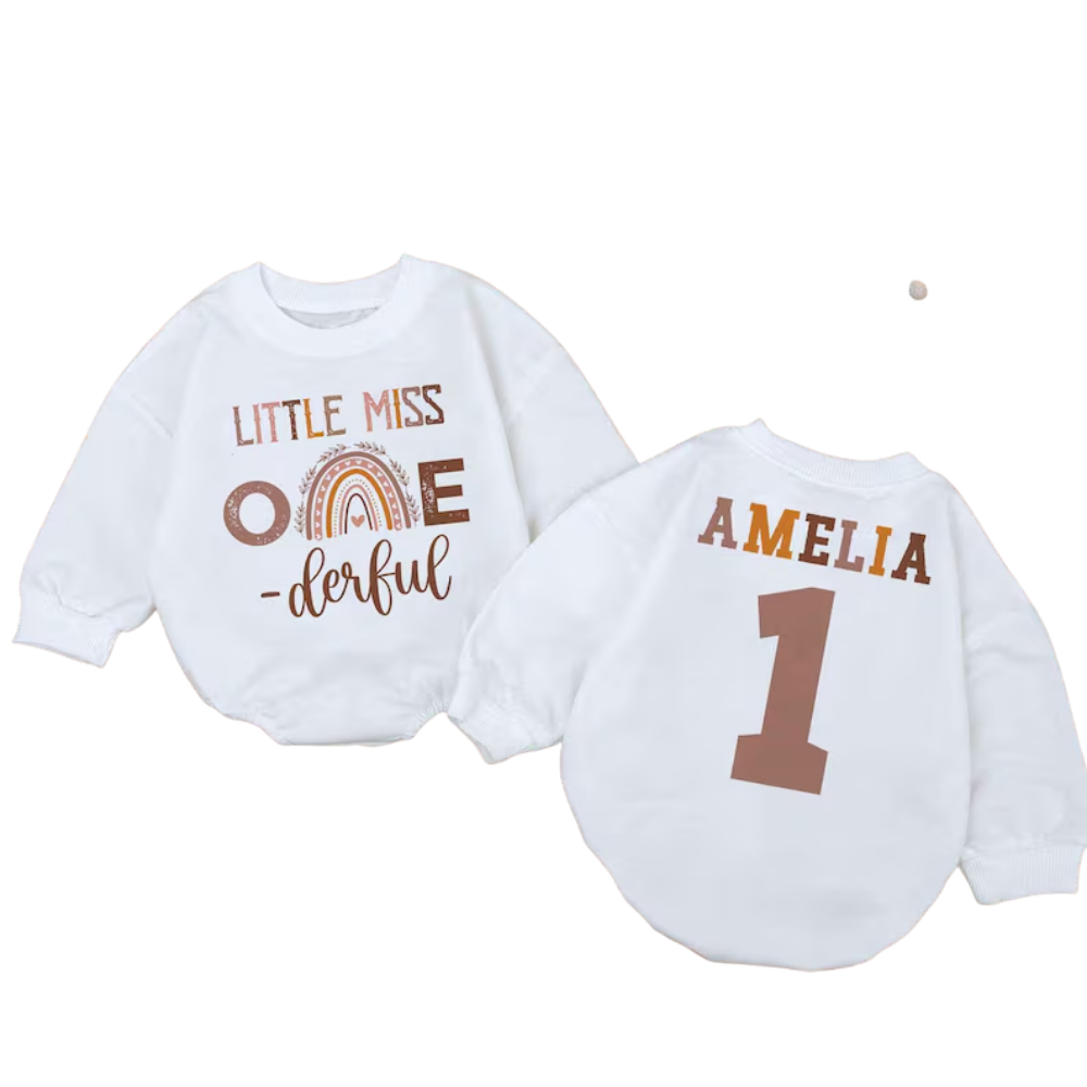 Little Miss One-derful Personalized Romper Sweatshirt, Custom 1st Birthday Baby Rainbow Romper Sweater BB0230