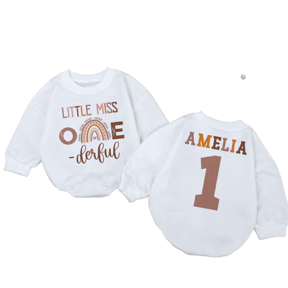 Little Miss One-derful Personalized Romper Sweatshirt, Custom 1st Birthday Baby Rainbow Romper Sweater BB0230
