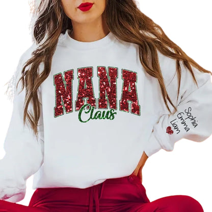 Custom Glitter Nana Claus Sweatshirt with Grandkids Names on Sleeve, Custom Nana Sweatshirt 2D0238