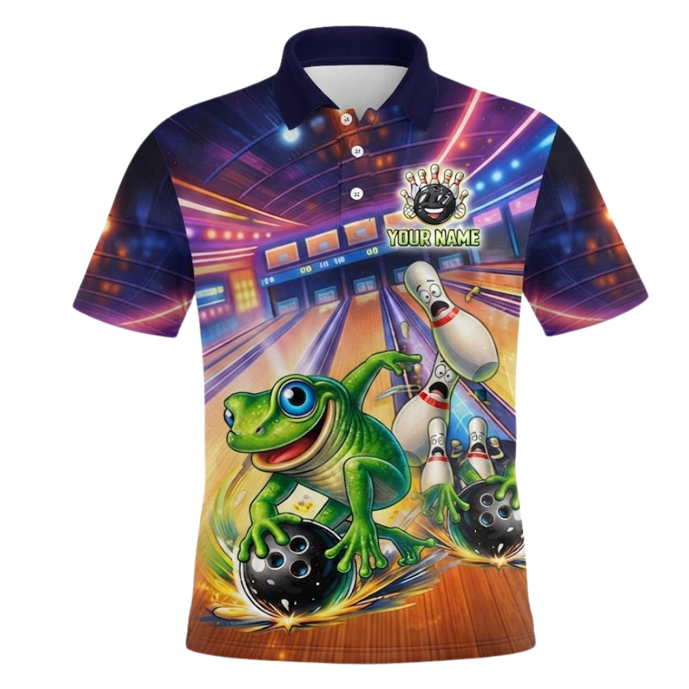Funny Frog Custom Mens Bowling Polo Shirt, Custom Frog Team Bowling Shirts BZ0538