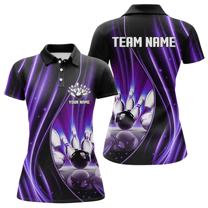 Custom Team Black And Pink Lightning Bowling Polo Shirt For Ladies, Custom Bowling Shirt For Women BZ0488