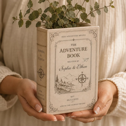 Custom Our Adventure Begins Wedding Ceramic Book Vase, Custom Adventure Book Vase For Wedding Engagement WD0566