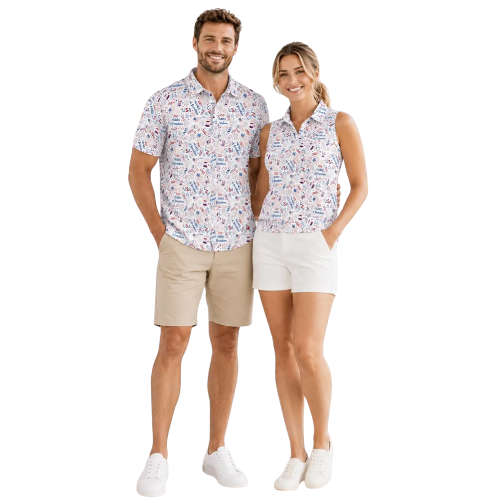 Matching White Red Blue USA 250 Years Of Freedom Couple Golf Polo Shirt, 4th Of July Matching Golf Shirt For Men And Women GE0519