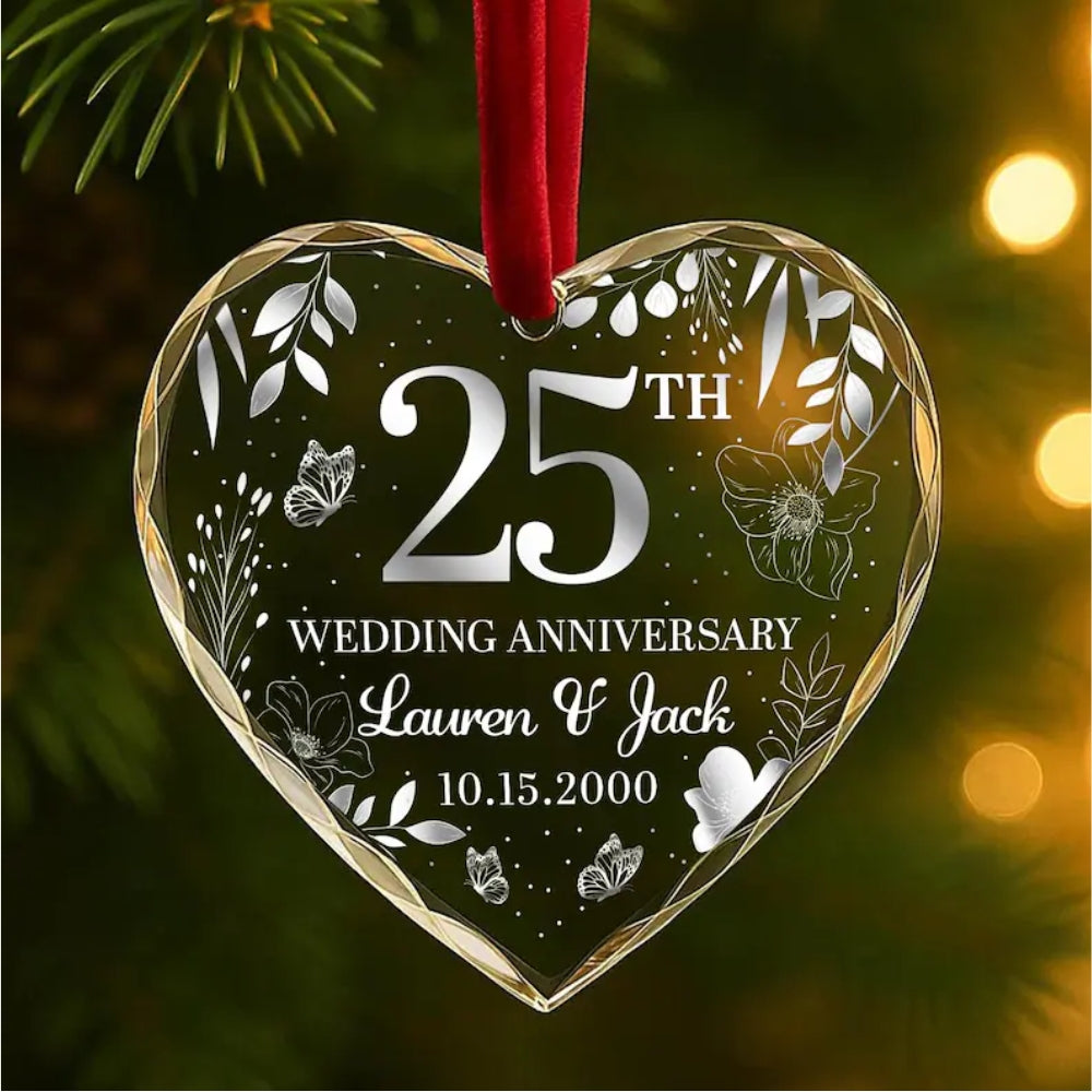 Personalized 25th Wedding Anniversary Glass Ornament, Custom Silver Anniversary Ornament WD0286