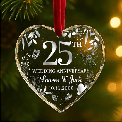 Personalized 25th Wedding Anniversary Glass Ornament, Custom Silver Anniversary Ornament WD0286