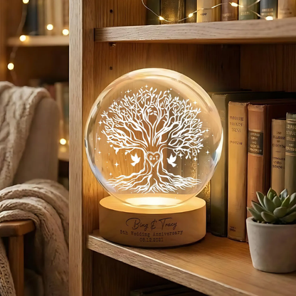5th Wedding Anniversary Custom Couple Name Tree Crystal Ball Led Night Light, Custom 5 Years Anniversary Night Light WD0828