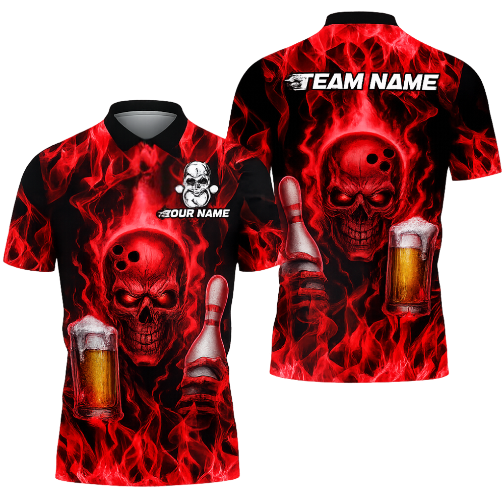 Custom Red Flame Skull And Beer Men's Bowling Polo Shirt, Custom Skull Bowling Team Shirts BZ0468