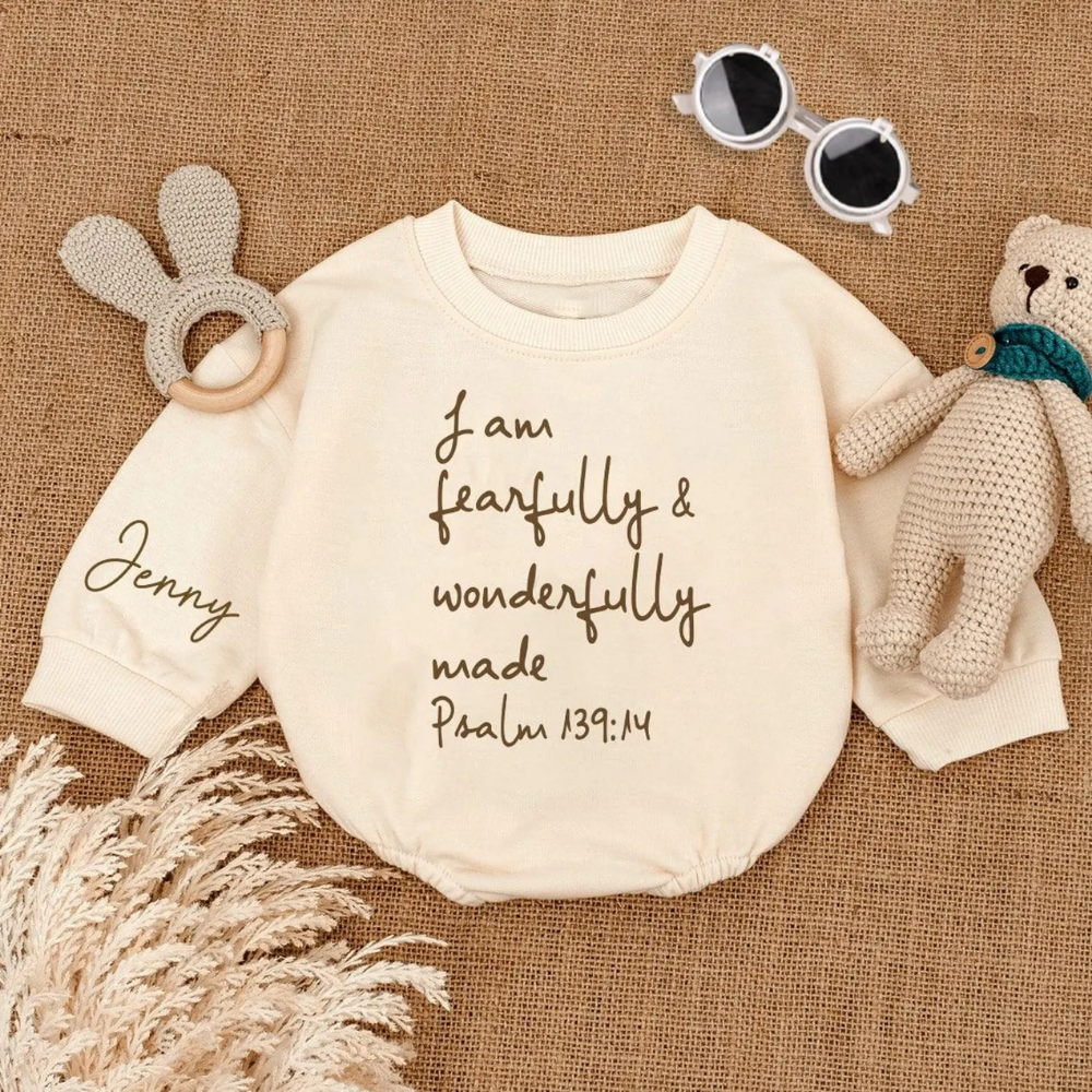 I Am Fearfully and Wonderfully Made Custom Name Baby Romper Sweatshirt, Custom Christian Bible Verse Baby Romper Sweatshirt BB0149